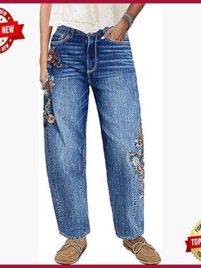 Mid Rise Straight Leg Jeans Floral Embroidery Denim Pants Casual Wash